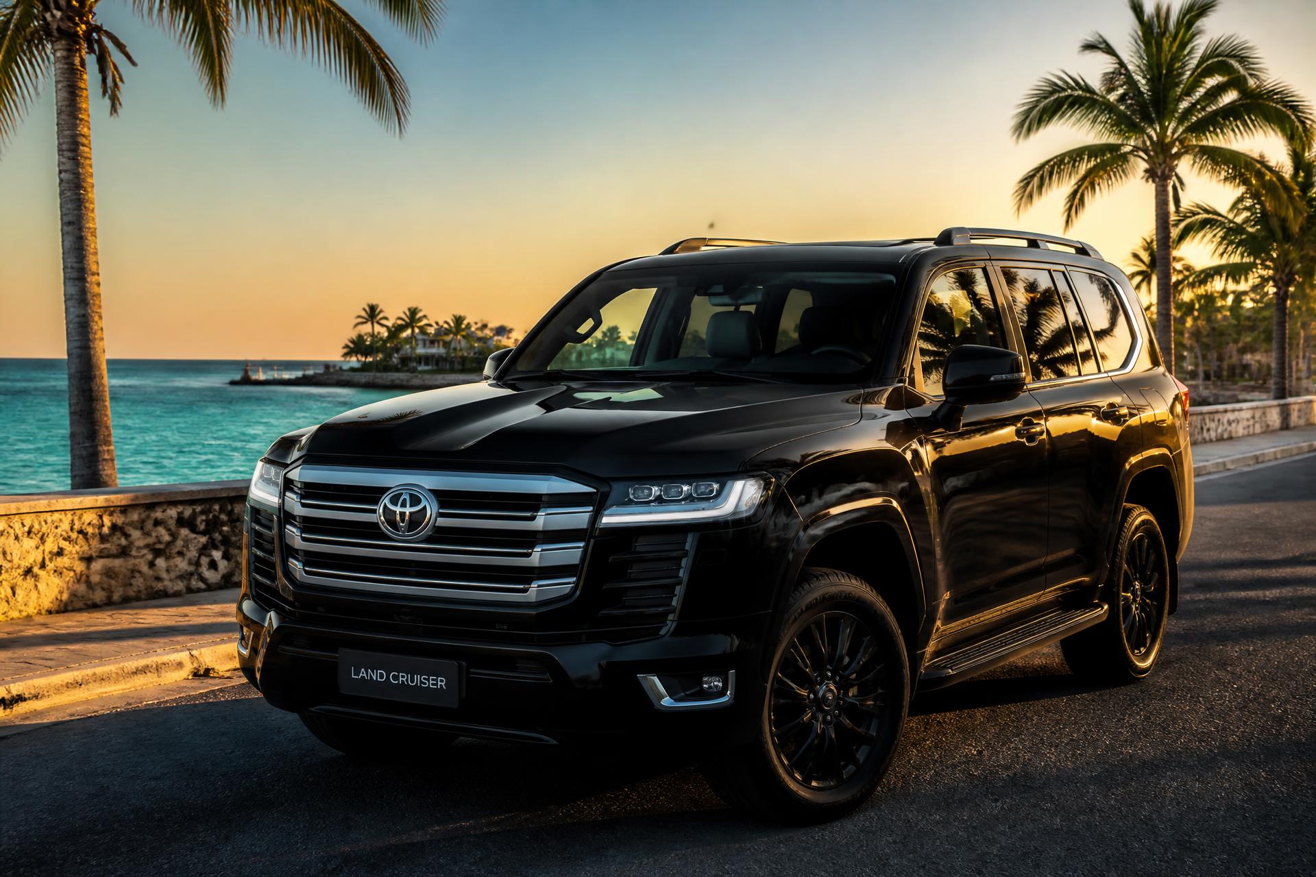 Luxury Toyota Land Cruiser on the Nassau coast at dusk